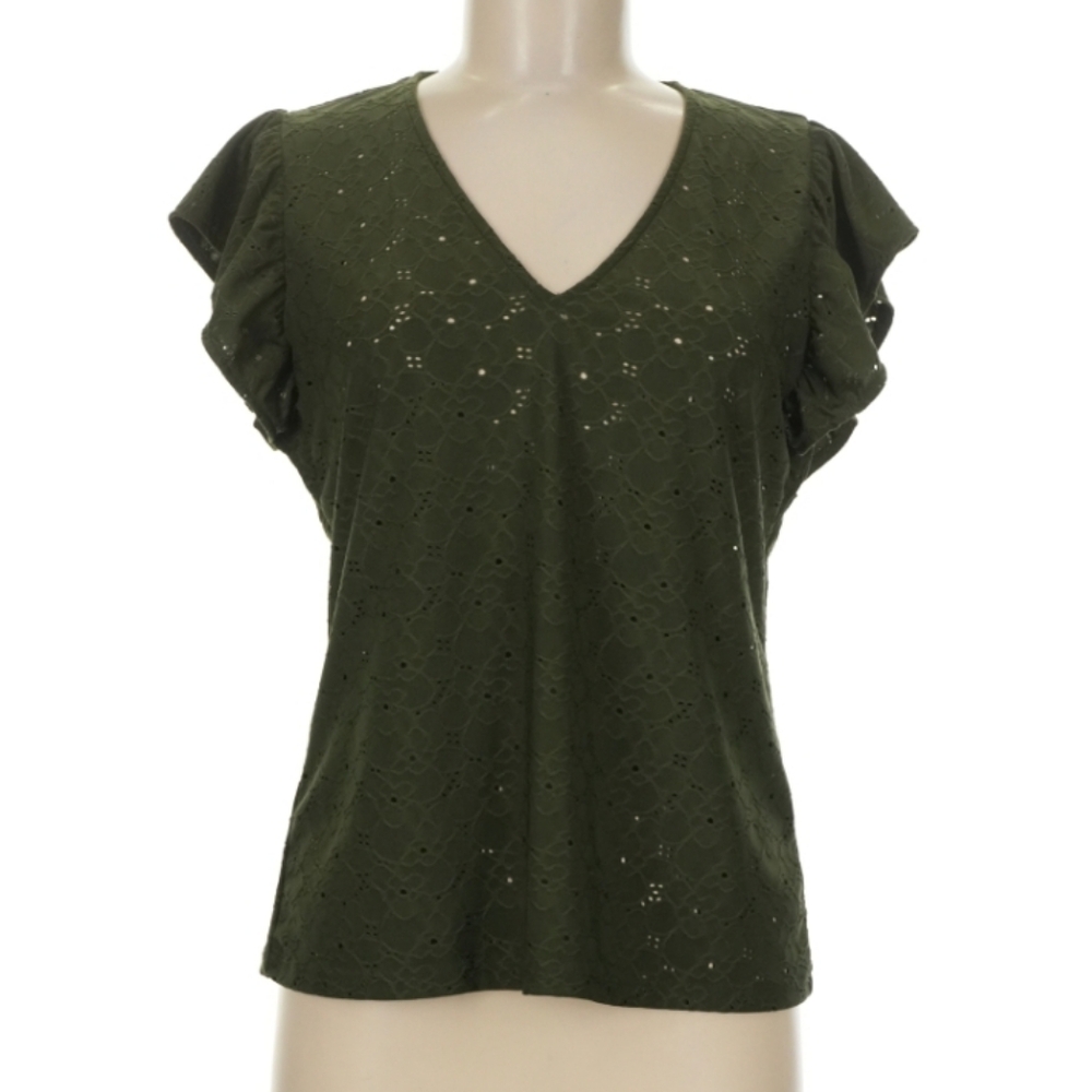 Michael Kors Olive Green Eyelet V-Neck Ruffle Sleeve Top